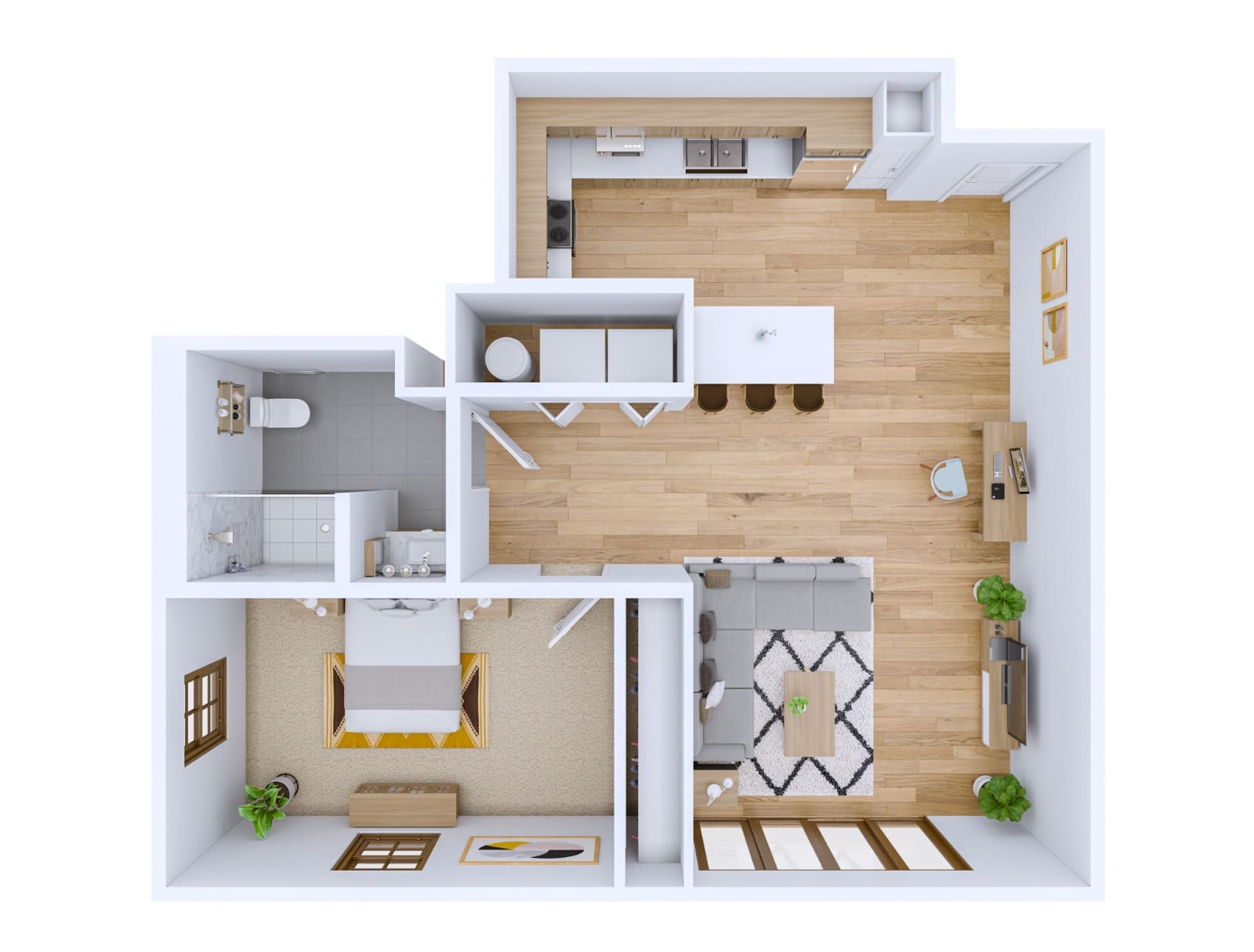 3D Render of a 1BHK Unit